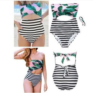 4/$25 Cupshe Women Breathless Moments Leaf One-Piece Swimsuit Pink Small Striped